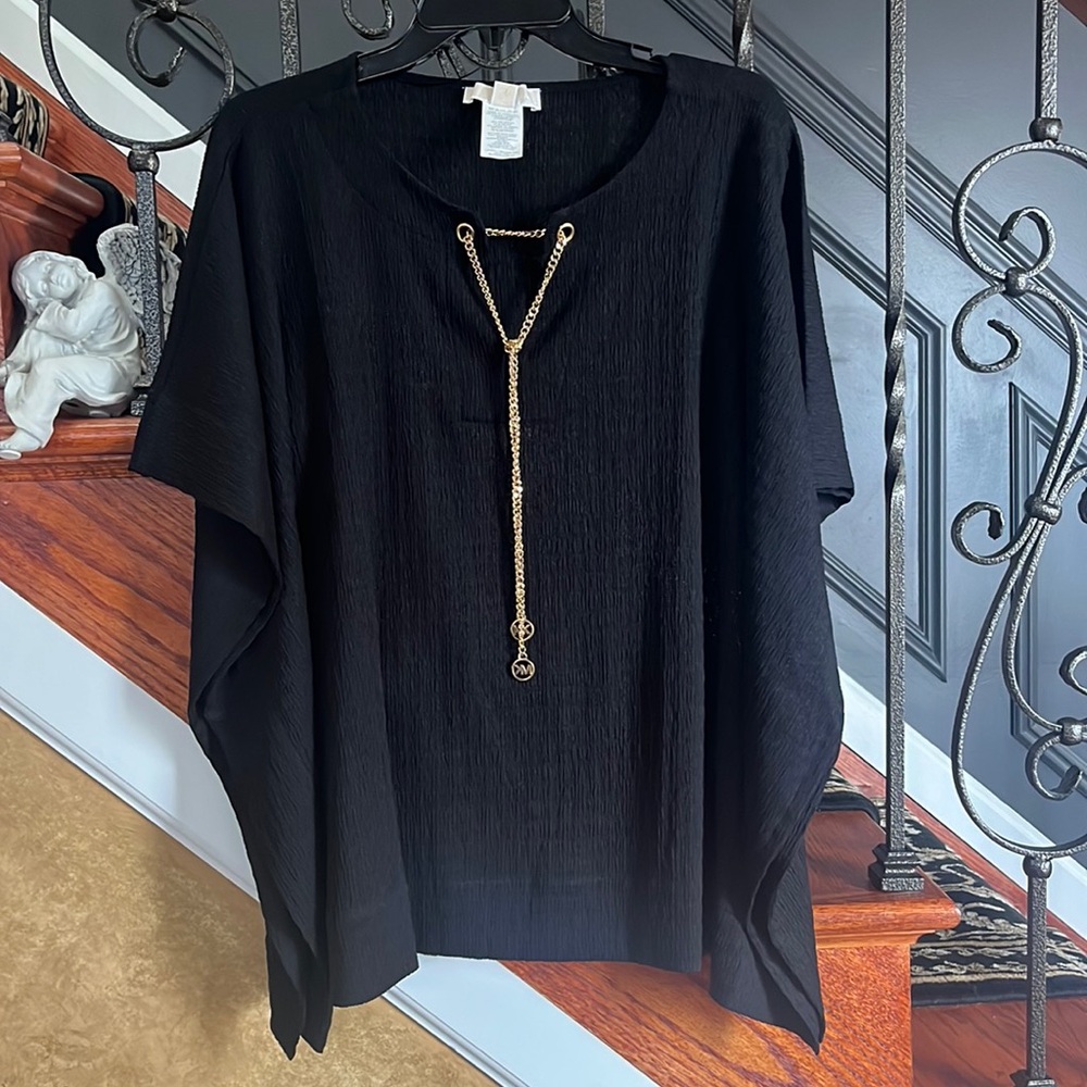 Michael Michael Kors Black Poncho Blouse With Gold Chain Neckline Detail